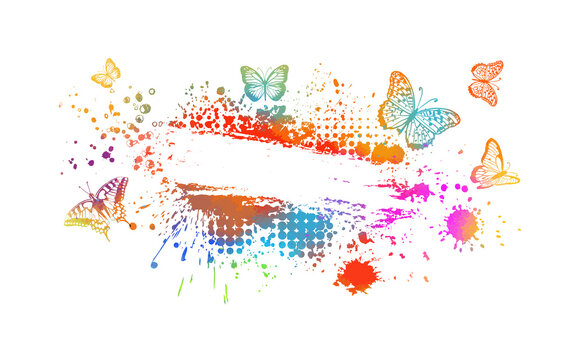 Abstract multicolored blots for text. Frame for text with butterflies . Vector illustration