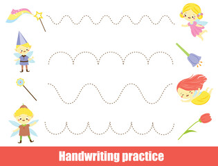 Handwriting practice sheet with cute flying fairy. Educational children game. Tracing lines. early education worksheet for kids - 479842832