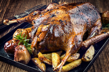 Traditional Christmas roast goose with potatoes, apple and quince served as close-up on a rustic metal tray