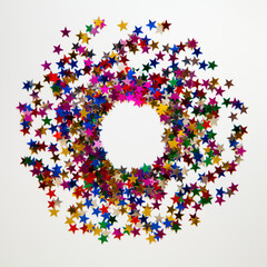 Round frame of festive holiday background with sparkle glitter decoration. Flat lay, top view. Mock up.