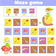 Maze game. Labyrinth with navigation. Help elf find friend. Educational page for kids.