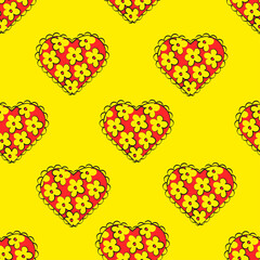 seamless pattern hearts on yellow background in groove style retro pattern on fabric