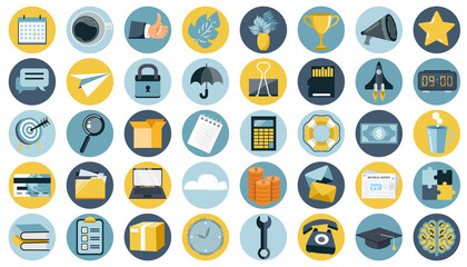 Business, technology, office, management and finances icon set for websites and mobile applications. Flat vector illustration