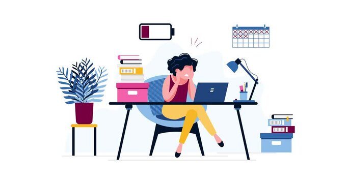 Frustrated female office worker. Exhausted woman tired of the huge amount of work with a discharged battery. Deadline. Stress, depression at work. Workplace burnout concept. Animation. 4K video.