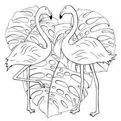 Flamingo on a background of leaves of tropical creeper Monstera. Vector black and white illustration on a white background. Design for coloring, embroidery, for printing on clothes, wall sticker.