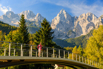 Bicyle Bridge near kranjska gora, panoramic view to spik mountain, Slovenia