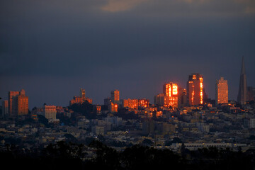 Sunset Light Shining on San Francisco Buildings Skyscrapers Skyline