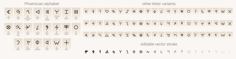 Illustration of Phoenician Alphabet, Editable Stroke, and Other Letter Variants