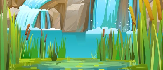 Summer landscape with waterfall among rocks. Cascade shimmers downward. Reeds and aquatic plants. Water flowing. Cool cartoon style. Vector