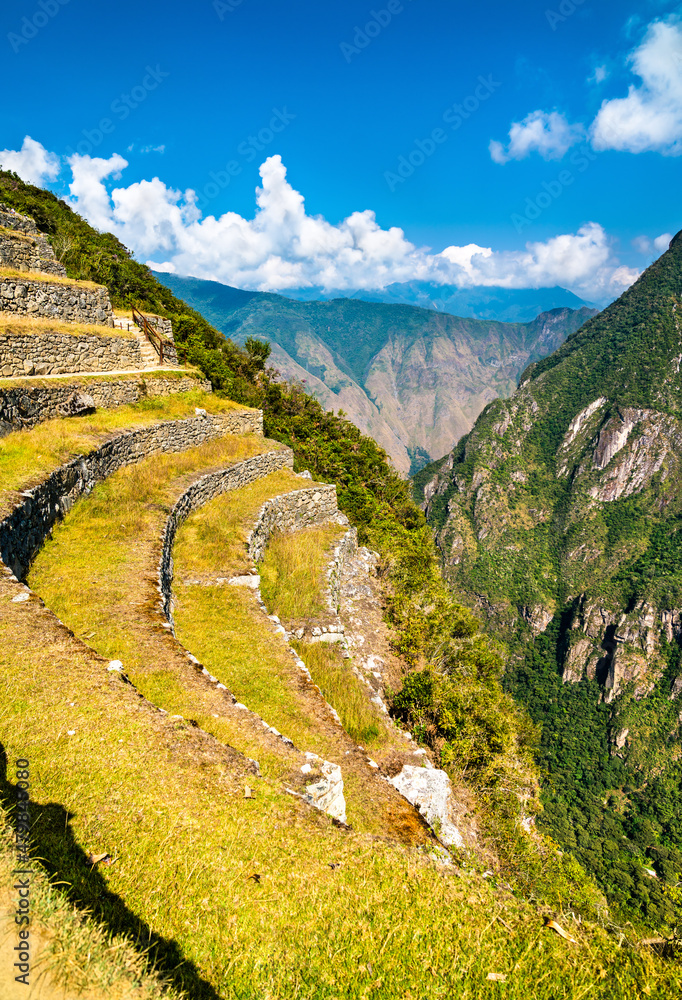 Sticker ancient incan terraces at machu picchu. unesco world heritage in peru