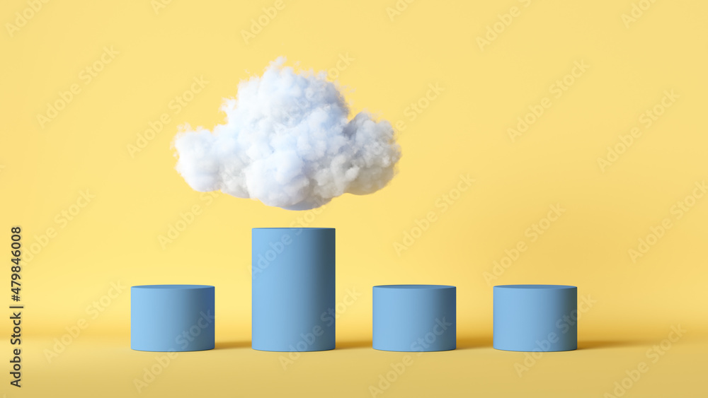 Poster 3d render. blue chart with cumulus above the highest column, isolated on yellow background. abstract