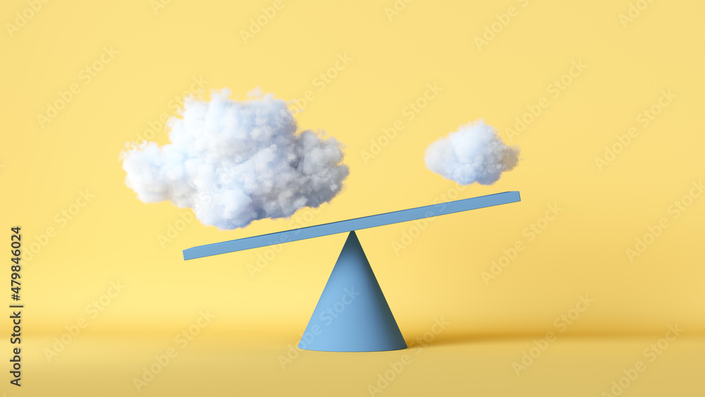 Poster 3d render. two different clouds placed on scales, isolated on yellow background. abstract comparison