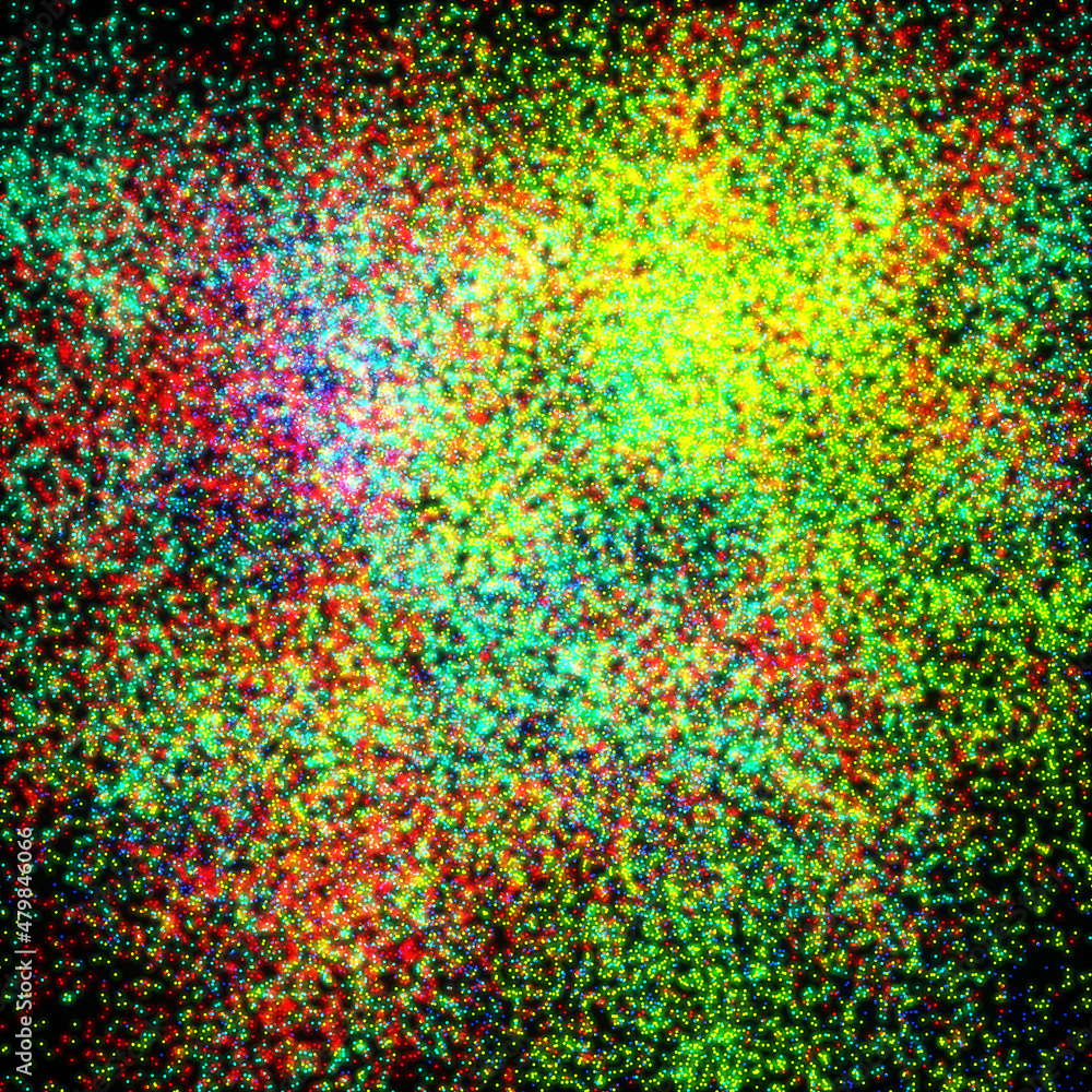 Poster multicolored round illuminated bokeh similar to a cluster of stars in space. big bang. 3d rendering