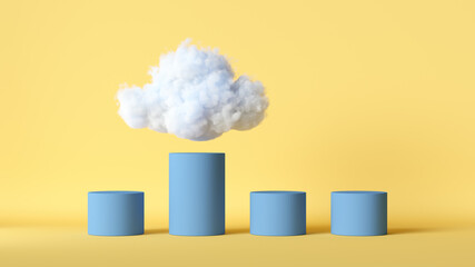 3d render. Blue chart with cumulus above the highest column, isolated on yellow background. Abstract minimal scene. Success concept, one of a kind, business metaphor