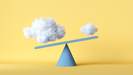 3d render. Two different clouds placed on scales, isolated on yellow background. Abstract comparison concept. Simple colorful geometric cone shape. Business metaphor. Modern minimal scene - obrazy, fototapety, plakaty