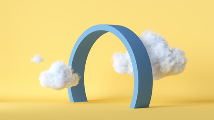 3d render, abstract yellow background with white clouds flying under the round blue arch. Modern minimal scene