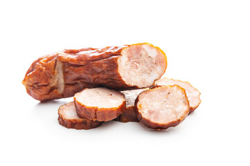Smoked pork sausages. Sliced salami.