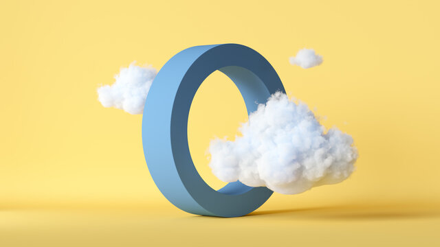 3d render, abstract yellow background with white clouds flying through the round blue frame with hole. Modern minimal concept