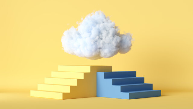 3d render, white cloud flies above the blue platform with steps, isolated on yellow background. Modern minimal scene. Abstract uniqueness metaphor © NeoLeo