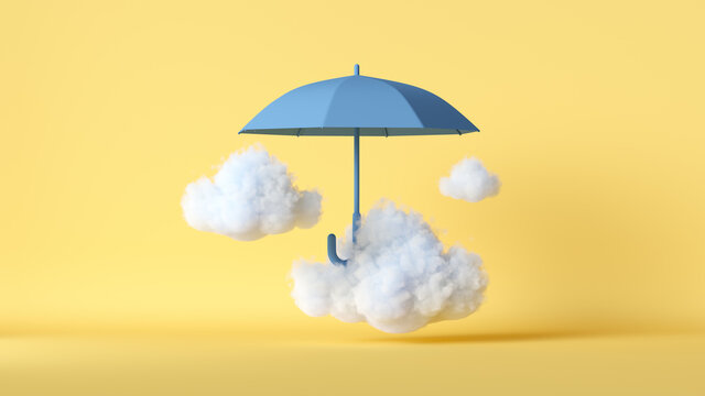 3d render, abstract yellow background with white clouds flying under the blue levitating umbrella. Modern minimal scene