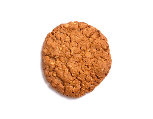 Oat vanilla sugar cookie isolated on white background. Close-up view of brown yellow snacks. Macro shot of beige biscuit cake for your design