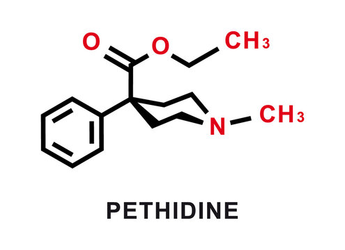 Pethidine chemical formula. Pethidine chemical molecular structure. Vector illustration