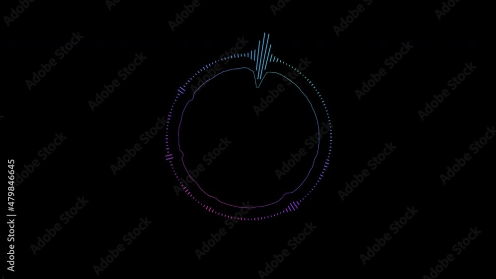 Poster Animated sound spectrum with stripes in a circle on a dark background. Animated round equalizer. Sound animation. Visualization of a sound graphic element. 4k.