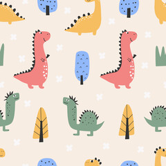 Cute dinosaur pattern - hand drawn childish dinosaur seamless pattern design. Vector illustration