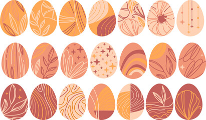 Boho Easter eggs. Leaves and flowers, abstract prints and decor for modern Eatser. Spring holiday. Happy easter eggs
