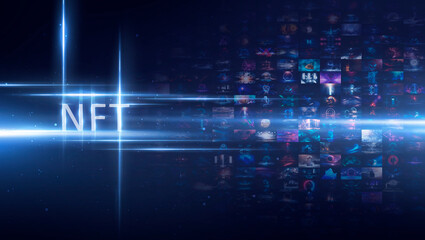 Collage signed with NFT token. Abstract NFT collage. EVERYDAYS: THE FIRST 5000 DAYS. Digital art, set of 3d illustrations. NFT concept, light rays, neon. 