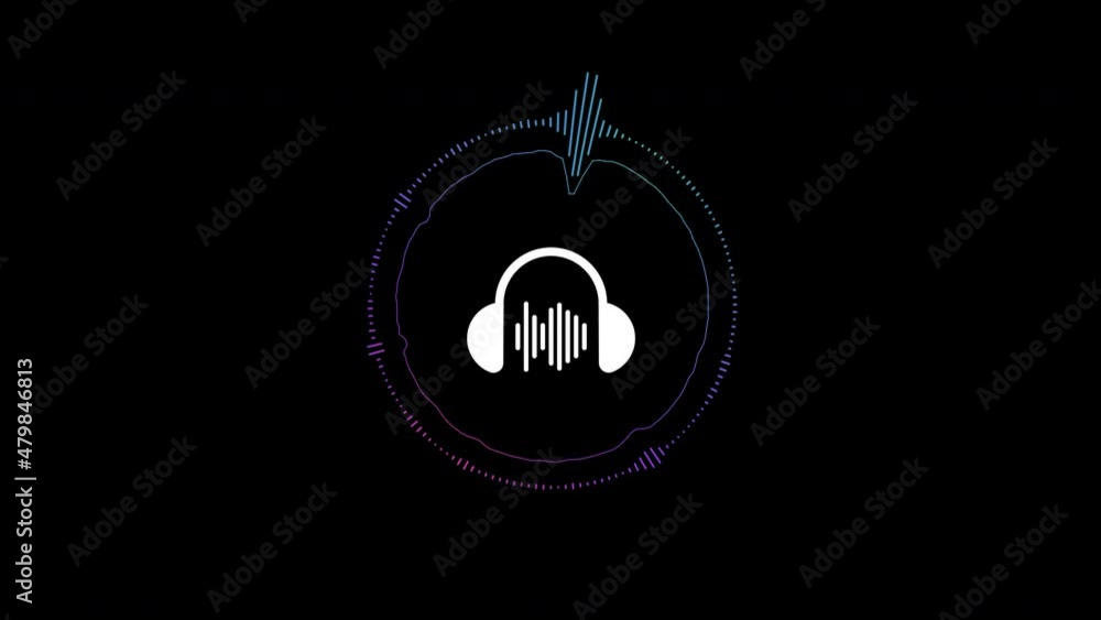 Aufkleber Animated sound spectrum with stripes in a circle with a logo on a dark background. Animated round equalizer. Sound animation. Visualization of a sound graphic element. 4k.