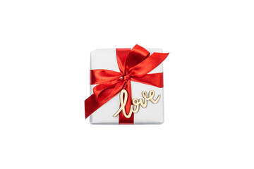 Gift box with red ribbon isolated on white. Top view