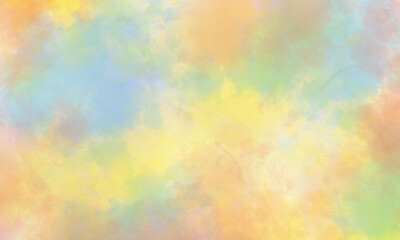 Abstract summer translucent watercolor background in green, orange, purple, pink, blue and yellow tones. Copy space, horizontal banner.