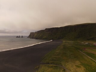 Aerial drone landscape of Vik village in south Iceland