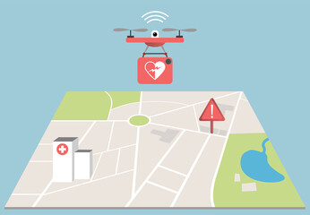Saving time, a drone bringing a defibrillator to place of incident to assist person with sudden cardiac arrest. Map showing hospital and  accident position. - obrazy, fototapety, plakaty