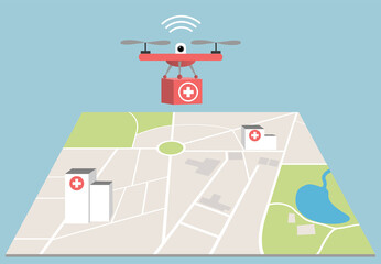 Fototapeta na wymiar Drone to deliver urgent blood supplies, or other medicals between hospitals. Map showing hospitals location.