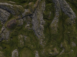 Aerial drone landscape of lava fields in North Iceland