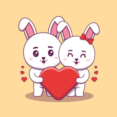 Cute Valentine's day rabbit couple holding a big heart love