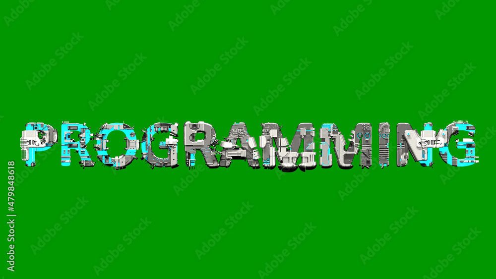 Poster programming blue and grey metal text in cyber punk style, isolated - object 3d rendering