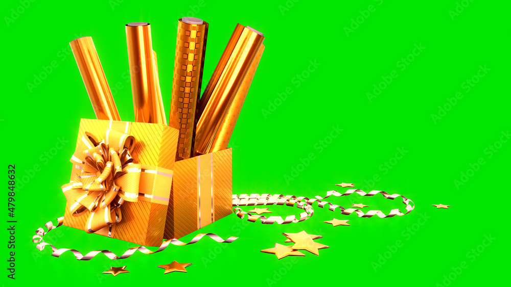 Poster wrapping paper and surprise gift box on chroma key screen, isolated - object 3d rendering