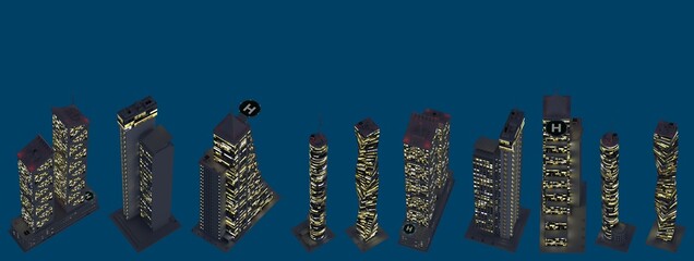 hi-tech fictional buildings at night with lights on, isolated top view urban nightlife concept - 3d illustration of architecture