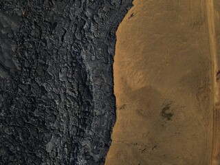 Aerial drone landscape of lava fields at Fagradalsfjall Volcano Iceland