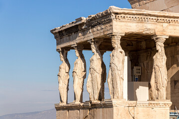 Athens, Greece. The Maiden porch of the Erechtheion temple in the Acropolis, with the sculptures...