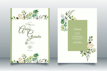 Fototapeta na wymiar Elegant wedding invitation card with leaves template Premium Vector 
