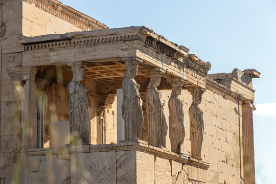 Athens, Greece. The Maiden porch of the Erechtheion temple in the Acropolis, with the sculptures known as Caryatids
