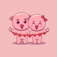 Cute Valentine's day pig couple holding hearts garland
