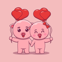 Cute Valentine's day pig couple holding heart shaped balloons