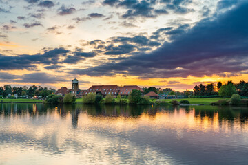 Fototapeta na wymiar Traditional mill at sunset near Caldecotte lake in Milton Keynes. England