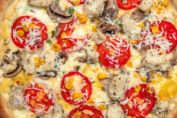 Pattern with selective focus. Tasty hot italian pizza with Sweet corn, Mushrooms Mozzarella and...