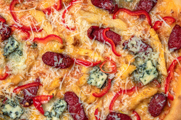 Pattern with selective focus. Tasty hot italian pizza with Mozzarella, Tomato Sauce on a beige textured background. Pizzeria menu. 